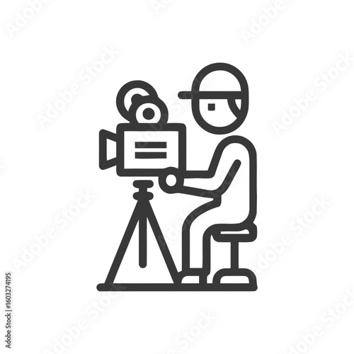 Seated cameraman with vintage movie camera on tripod, bold line art icon