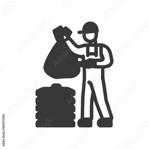 Monochrome Glyph of a Sanitation Worker Stacking Trash Bags
