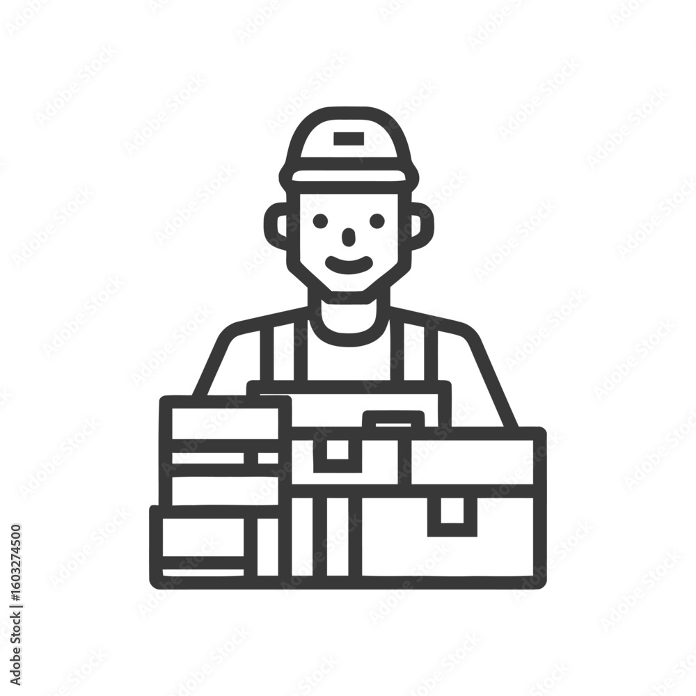 Obraz premium Friendly Logistics Worker with Stacked Parcels, Minimalist Line Art Icon