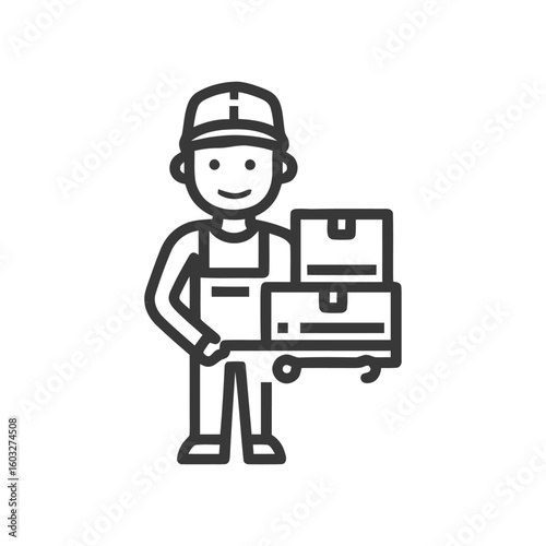Smiling Delivery Man with Stacked Parcels on a Hand Truck Line Art Icon