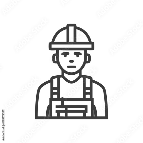 Minimalist Line Icon of a Construction Worker with Hard Hat and Overalls