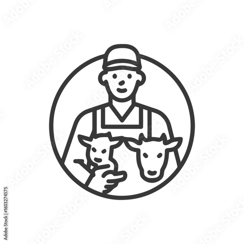 Caring Farmer with Calf and Goat, a Minimalist Livestock Husbandry Icon