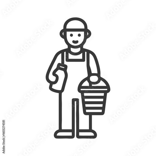 Smiling Milkman Line Art Icon Holding a Milk Bottle and Pail