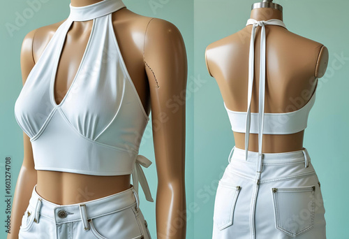 White Halter Neck Top and Mini Skirt on Display Bust – Fashion clothing Mockup