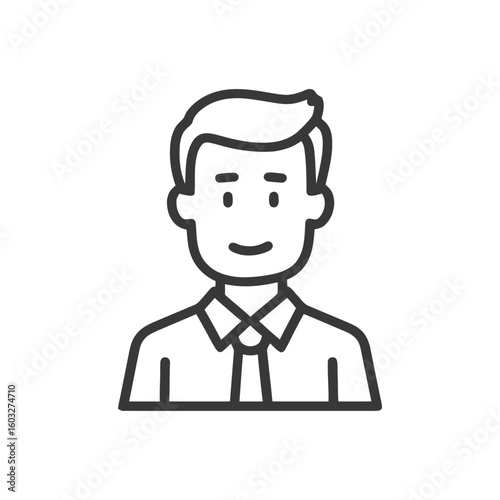 Smiling Man Icon: Simple Black Line Art Avatar of a Professional Male in Shirt and Tie on White
