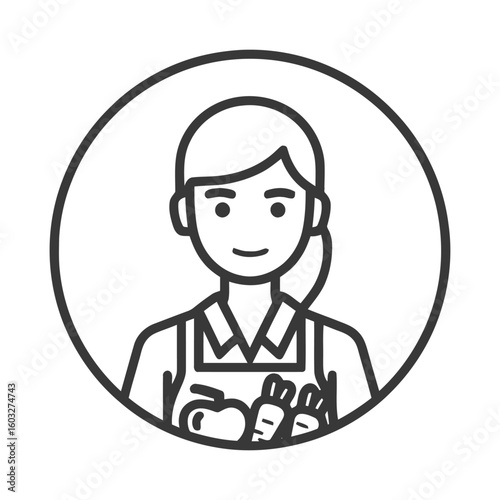 Smiling Woman in Apron with Fresh Produce Icon: Clean Line Art Avatar for Healthy Lifestyle and Food Themes