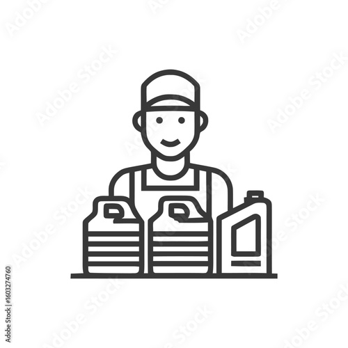 Friendly Mechanic with Motor Oil Jugs, Professional Service Line Icon