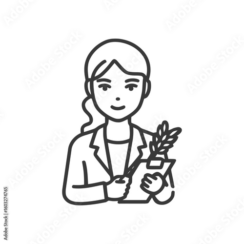 Smiling Female Agronomist Line Art Icon Holding Clipboard with Plant, Symbolizing Agricultural Research and Botany