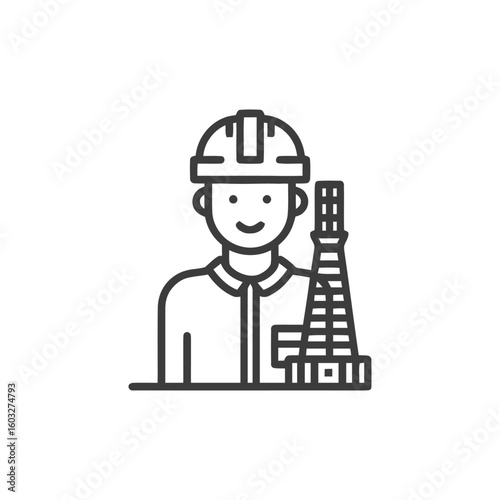 Friendly Engineer in Hard Hat Beside Tokyo Tower Outline Icon