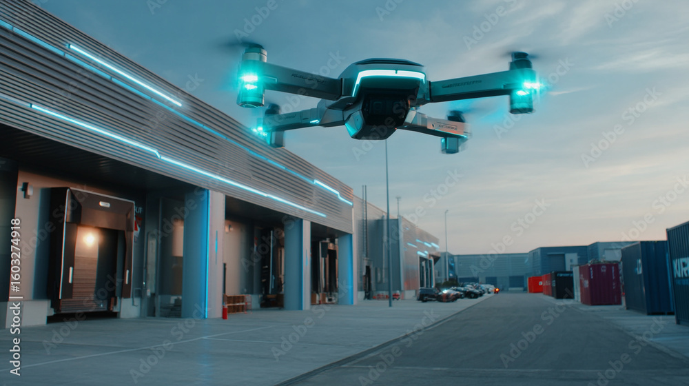 Naklejka premium Drone flying near industrial warehouse building