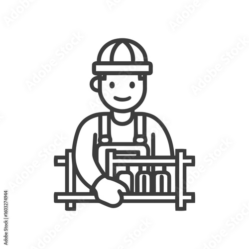 Friendly Worker in Overalls Carrying a Crate of Bottles, Minimalist Line Art Icon