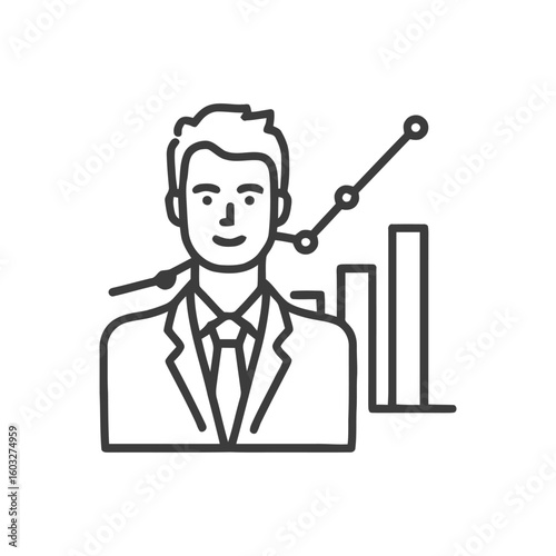 Clean Line Art Icon: Confident Businessman with Upward Trend Graph and Bar Chart, Symbolizing Business Growth and Success