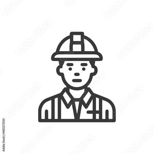 Modern Line Art Icon of a Construction Worker with Hard Hat and Suspenders
