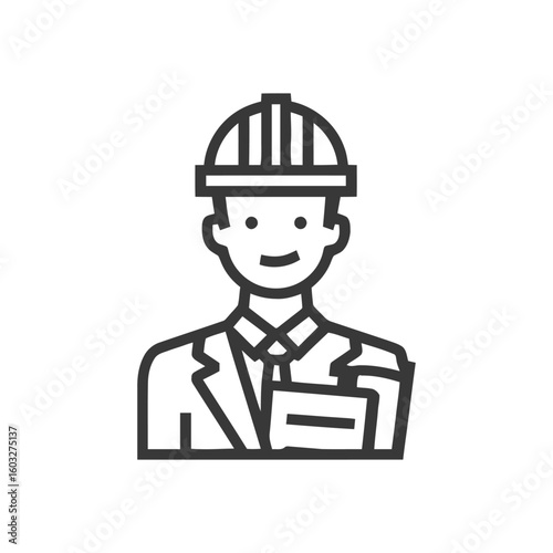 Professional Engineer or Architect Line Icon with Hard Hat and Plans