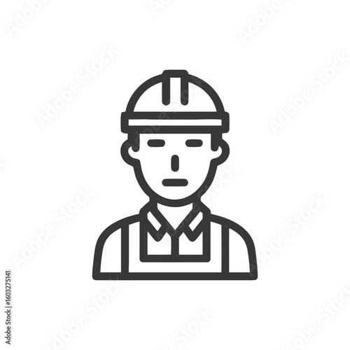 Minimalist Line Icon of a Construction Worker with Hard Hat and Overalls