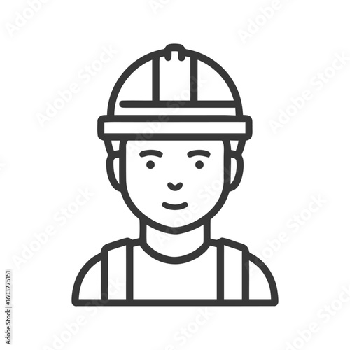 Minimalist Outline Icon of a Construction Worker with Hard Hat and a Calm Smile