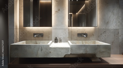 Natural stone sink on a floating cabinet, with soft lighting and backlit mirrors
