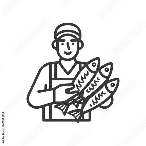Friendly Fishmonger Presenting a Fresh Catch, Minimalist Line Art Icon