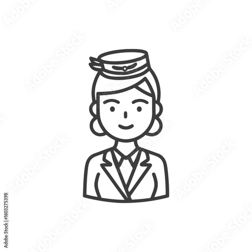 Smiling Stewardess in Uniform, Professional Aviation Line Art Icon