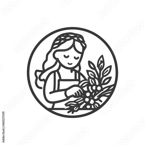 Artisanal coffee harvest emblem of a serene woman tending to coffee cherries.