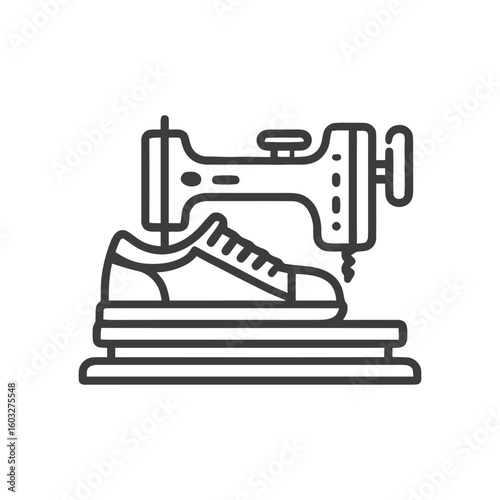 Minimalist Line Art Icon of Sewing Machine and Sneaker Shoe for Footwear Crafting