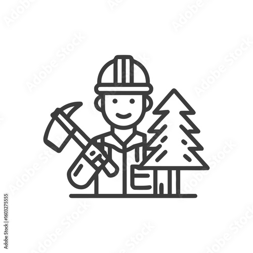 Smiling Forester with Hard Hat and Axe, Minimalist Line Art Icon for Forestry Industry