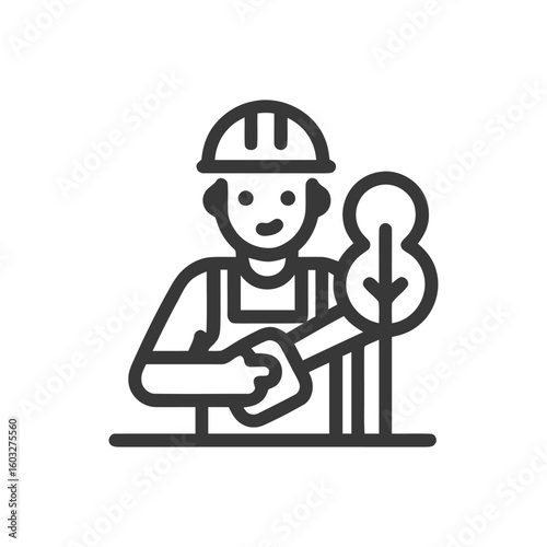 Smiling Forester in Hard Hat Planting a Sapling, Minimalist Line Art Icon