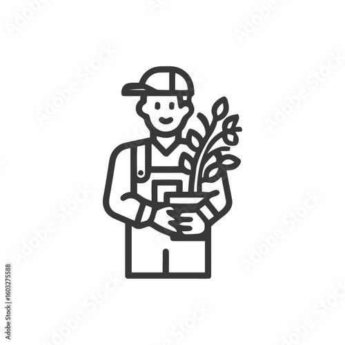 Smiling Gardener in Overalls Holding a Potted Sapling Line Icon