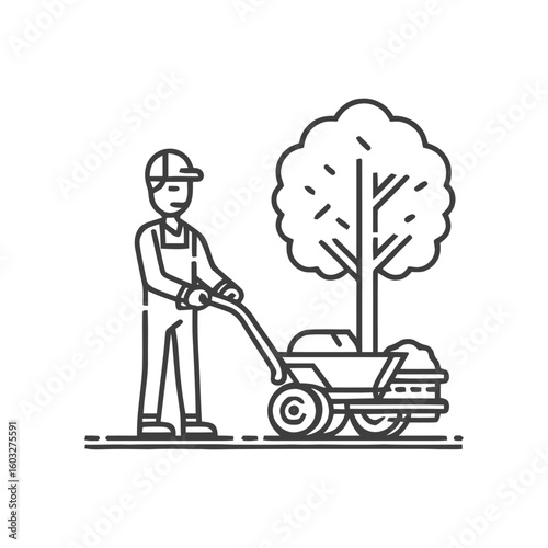 Landscaper in Overalls Pushing Wheelbarrow with Tree Sapling Line Icon
