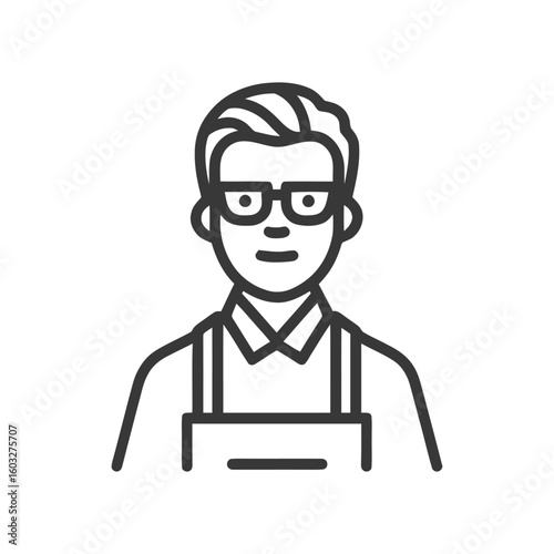 Stylized Line Art Icon of Man with Glasses and Apron, Ideal for Service Industry Avatar