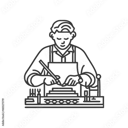 Focused Artisan at Workbench: A Minimalist Line Art Icon of Engraving and Craftsmanship