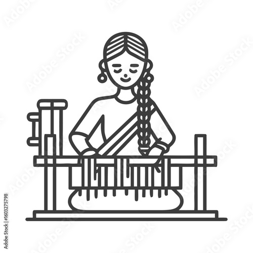 Serene Indian Weaver at a Traditional Handloom, Minimalist Line Art Icon