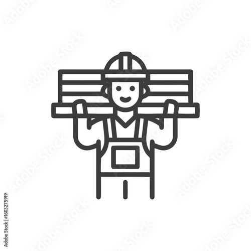 Smiling Construction Worker Carrying Wooden Beams, Clean Line Art Icon