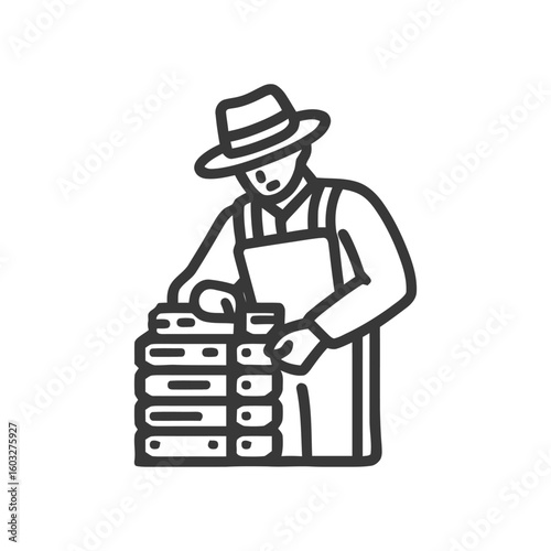 Beekeeper in a Fedora Inspecting Stacked Beehive Frames Line Art Icon