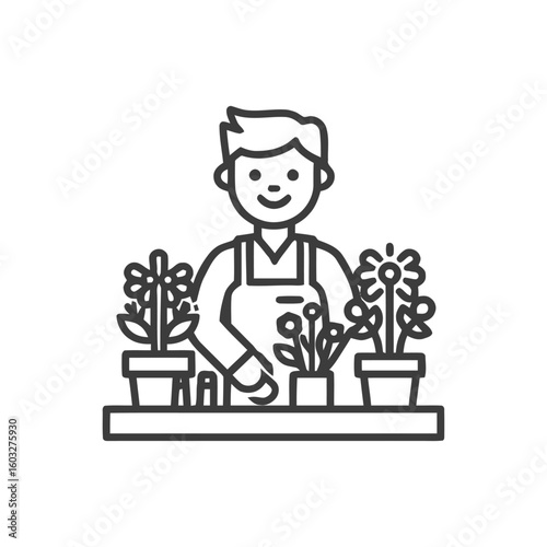 Joyful Gardener Behind a Counter with Flowers, Clean Line Art Design