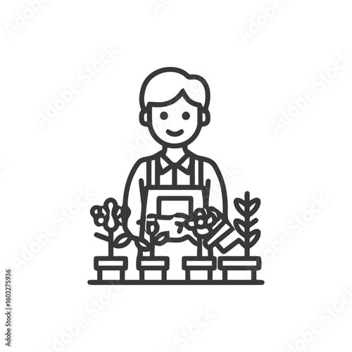 Joyful Gardener in Apron Tending Potted Plants Minimalist Line Art