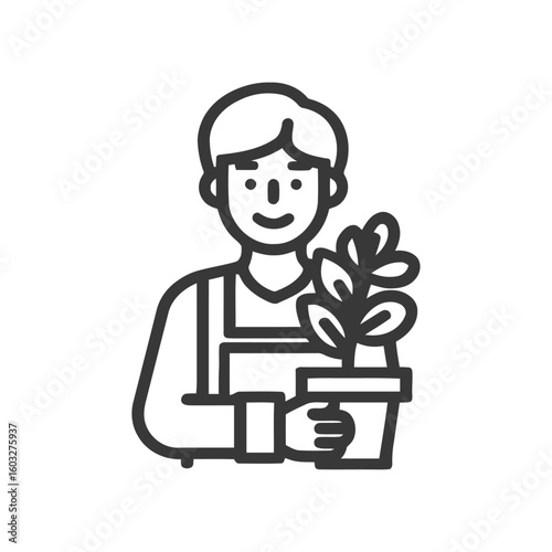 Joyful Gardener in Apron Holding a Potted Plant, Minimalist Line Icon