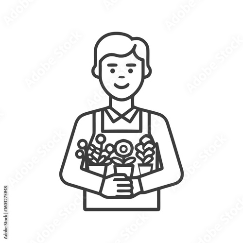 Friendly Male Florist Holding Potted Plants, Minimalist Line Art Icon