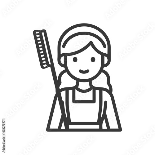 Smiling cleaning lady with brush and apron, a minimalist monochrome line art icon for professional housekeeping services.
