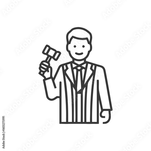 Black and White Outline Icon of a Smiling Judge Holding a Gavel