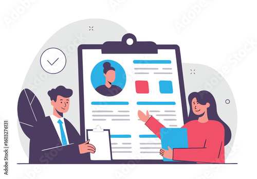 Two professionals discussing a resume on a clipboard reviewing candidate qualifications and skills for a job opportunity