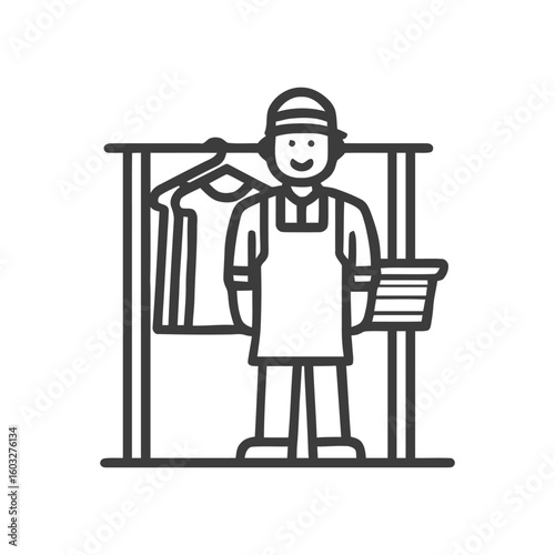 Stylized Line Art Icon of Smiling Laundry or Retail Worker with Clothing Rack and Basket