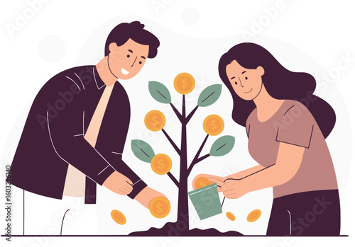 Family planning and watering a money tree with gold coins symbolizing financial growth and investment together