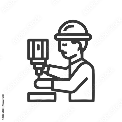 Industrial Worker Operating Drilling Machine Icon in Minimalist Line Art Style