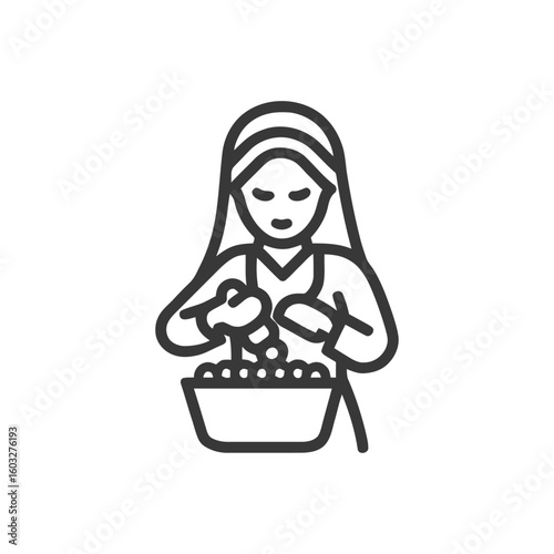 Elegant Monochrome Line Art Icon of Woman Chef Preparing Food in Bowl, Culinary Activity
