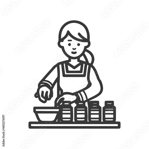 Monochrome Line Art Icon of Woman Mixing Ingredients, Bottles on Countertop