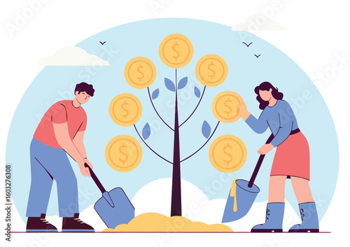Two people planting a money tree with shovels and coins symbolizing financial growth and investment for a prosperous future