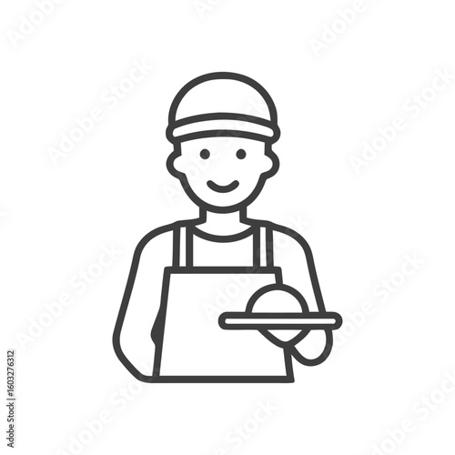 Smiling Male Worker Icon in Apron and Cap Holding Trowel, Simple Outline Vector Graphic