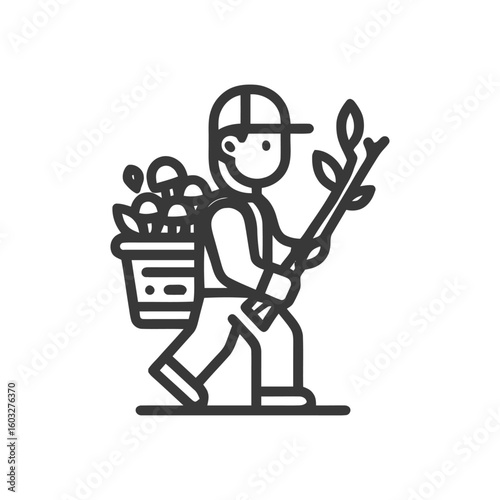 Stylized Line Art Icon of a Person Foraging Mushrooms and Carrying a Branch, Representing Nature Harvest