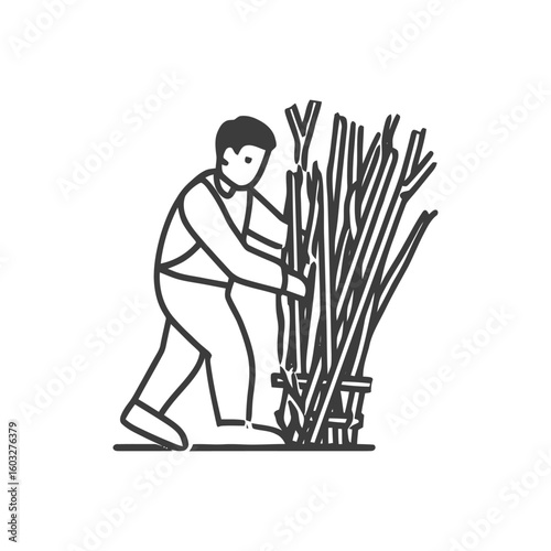 Monochrome Line Art Illustration of Man Gathering Firewood Sticks, Simple Graphic Icon
